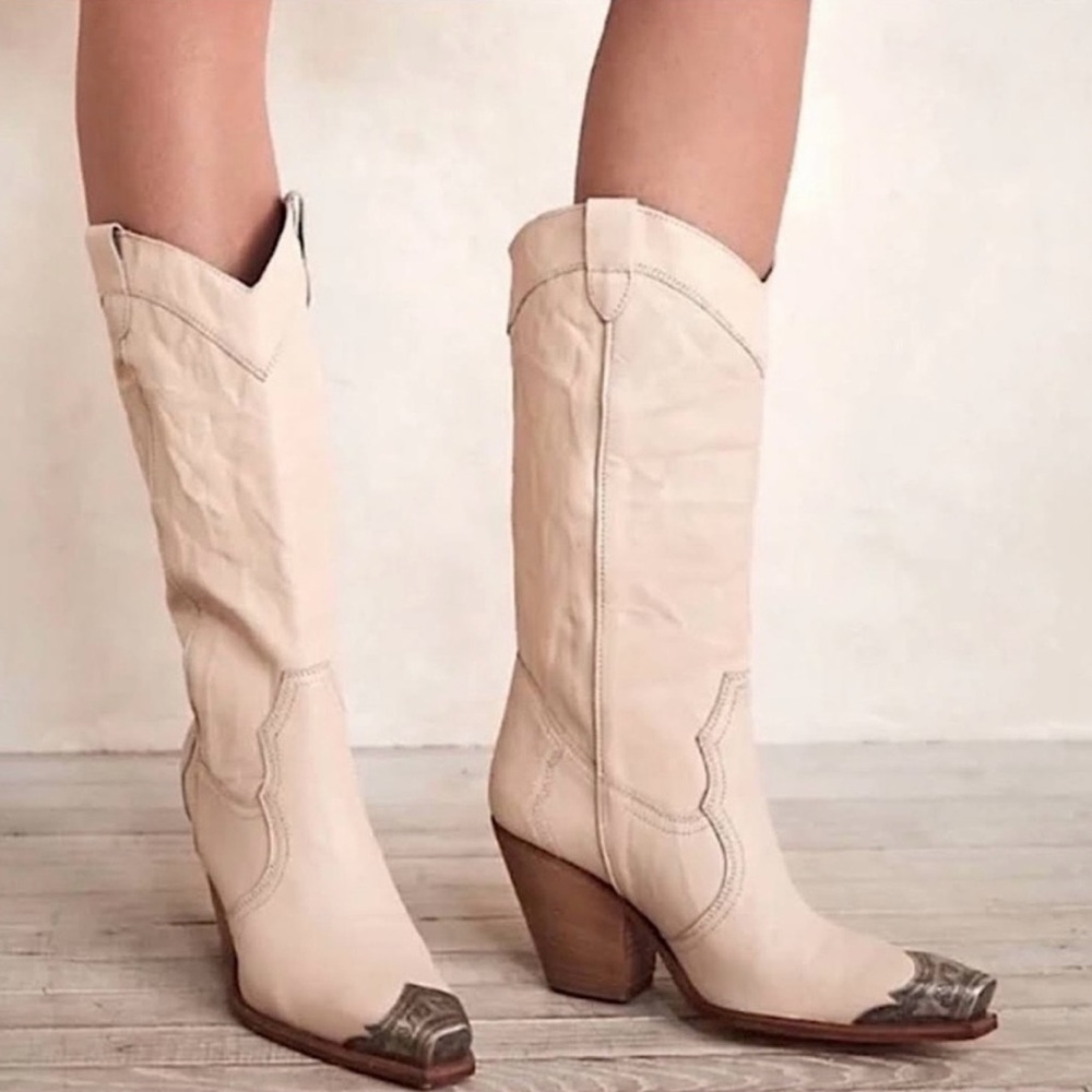Free People Cream Western Heeled Boots